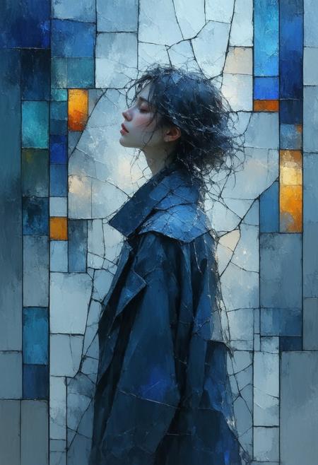 A profoundly moving and surreal depiction of a woman standing amidst a torrential downpour, rendered in a fractured, stained-glass Cubist style. The scene shatters into geometric shards, presenting multiple perspectives of the woman's form and the relentless rain, conveying a sense of resilience and vulnerability. The palette utilizes deep blues, grays, and stark whites, punctuated by bold black outlines and a gentle, internal glow emanating from the woman's face and figure. Photorealistic details of the rain's texture and the womanâs expression harmonize with the abstract fragmentation, creating a powerful and emotionally resonant image. Ultra detailed, 8k resolution, volumetric lighting, octane render, emphasizing the dynamic interplay of light and shadow and the reflective qualities of the rain.