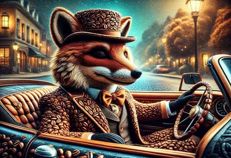 digital painting of a made of Coffee beans, cute fox in suit and bowtie, top hat and cutting edge sunglasses,  entirely made of retro sophistication texture, driving a convertible car, whimsical and magical atmosphere, soft lighting, highly detailed and stylized, concept art for a vintage charm-themed universe