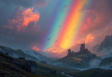 A vivid rainbow over legendary norse Asgard, epic fantasy style by John Pitre, merged with the dreamy and moody style of Albert Goodwin!