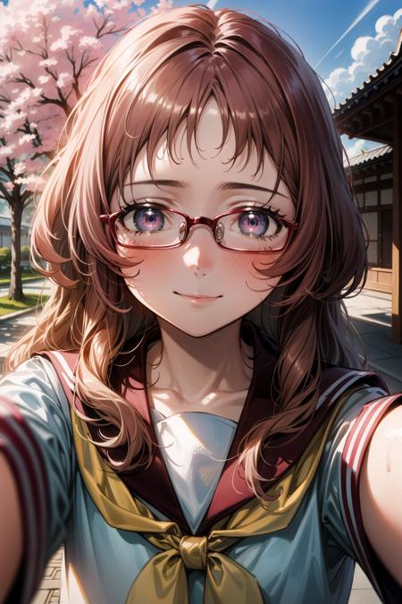 1girl, (masterpiece:1.3), (high resolution), (8K), (extremely detailed), (4k), (pixiv), perfect face, nice eyes and face, (best quality), (super detailed), detailed face and eyes, (solo), textured skin, absurdres, highres, <lora:mie-09:0.7>, miewz, glasses, long hair, serafuku, sailor collar,yellow neckerchief, white shirt, purple eyes, school uniform, red skirt, red hair, <lora:more_details:0.4>,
BREAK
 pov, selfie, smile, temple, japanese architecture, outdoors, cherry blossoms,