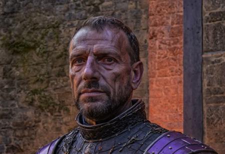 A close up portrait of a knight at the gates of Quedlinburg, at dusk, with a dramatic violet, orange and red sky