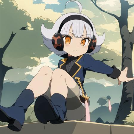 Dinosis short hair, ahoge, white hair, grey hair, hairband, orange eyes, headphones, blunt bangs long sleeves, jacket, blue footwear, grey pantyhose, blue jacket, white skirt, pleated skirt, boots, weapon, sword