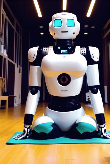 screenshot of a robot doing yoga in a yoga studio