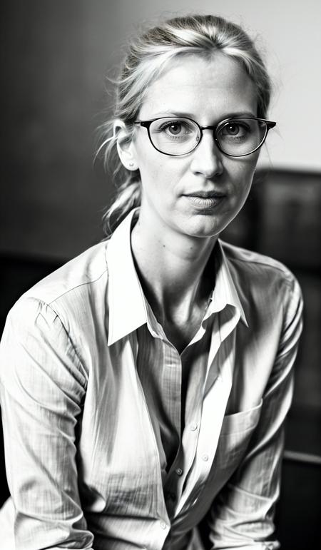 Alice_Weidel, picture of a 44 y.o. woman, ((wears round glasses)), wears a hair bun, blond hair,wear closed white blouse <lora:add_detail:0.1>