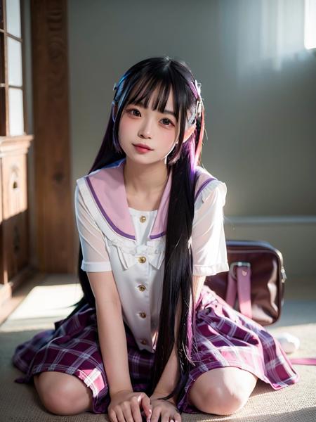 (masterpiece, best quality:1.3), 1 young girl, smile,jirai fashion with pink blouse ,purple hair, long hair, looking at viewer,black leather shoes,8k,raw,bed,1woman,jirai fashion with purple,round face,chair,<lora:xinbaoxinbao_v3:0.6>, <lora:LoraLandmineGirlFashion_v20:0.8>,