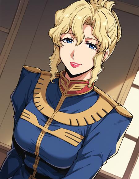 <lora:jane-contie-manga-ponyxl-lora-nochekaiser:1>, jane contie, blue eyes, blonde hair, large breasts, makeup, lipstick, mature female, folded ponytail, sidelocks, pantyhose, uniform, military, military uniform, epaulettes, high collar