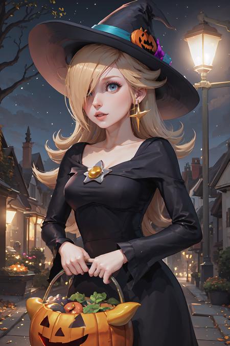 Highly detailed, High Quality, Masterpiece, beautiful, 1girl, IncrsRosalinaHalloween, <lora:Rosalina:0.8>, night, halloween, halloween bucket, happy halloween, lamppost, looking at viewer,