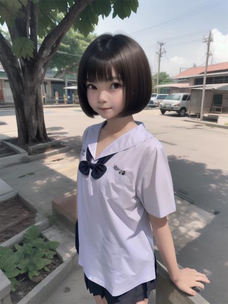 1girl, solo,
reverse bob cut, brown hair,
flat chest,
thai junior high school uniform,