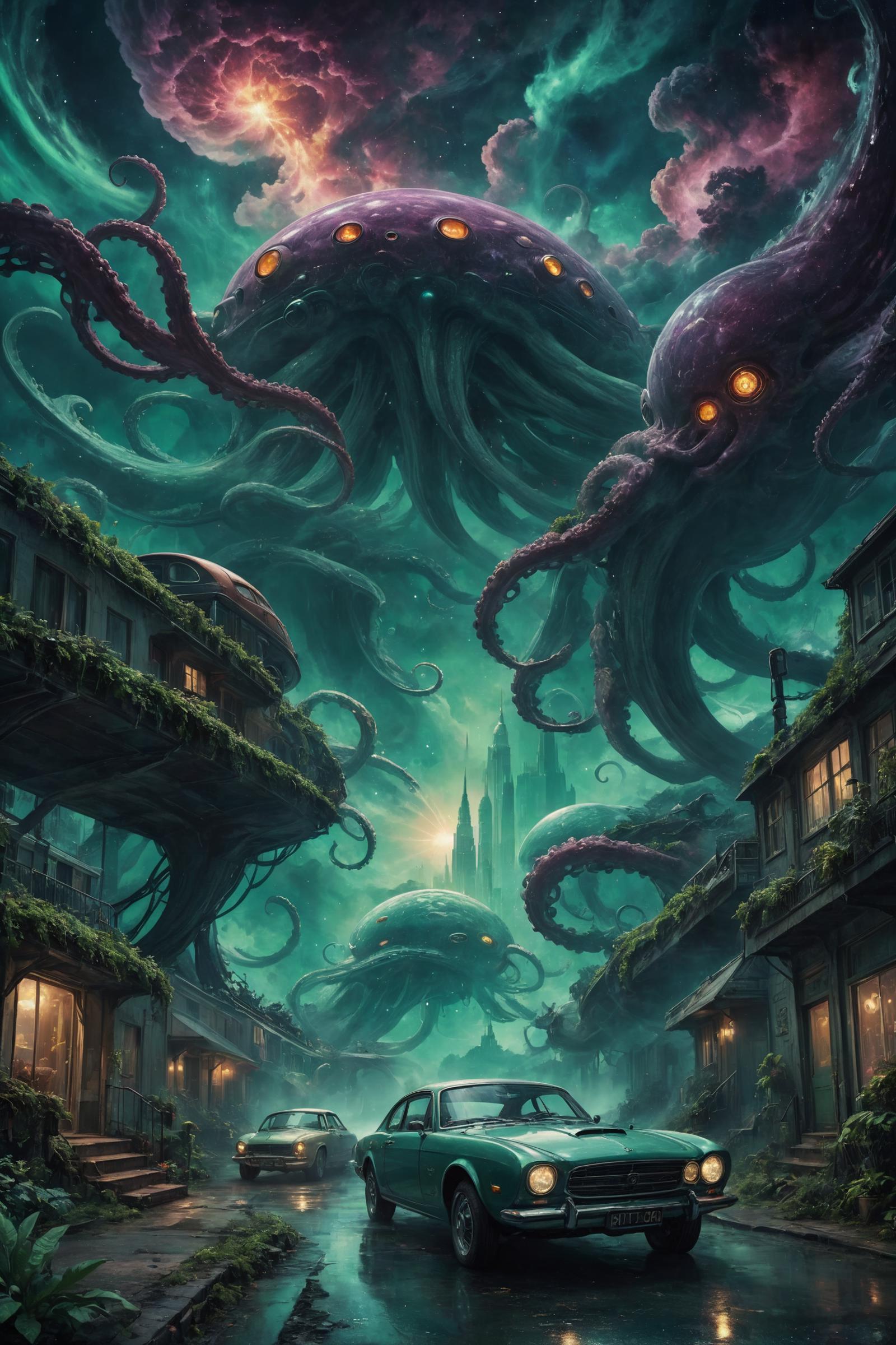A fantastical painting of monsters, including a giant squid, in a city setting with a car driving through. The artwork is done in a dark, moody style.