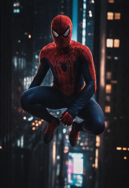 Portrait face Solo spiderman flying in new york , photograph ,pale beautiful photo, ultra detailedspiderman suit , night time, cinematic composition,  cinematic filtering