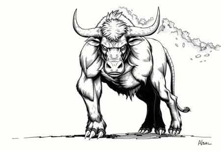 fantasy, ink art, comic style art, bull is standing with four feet, front ape's feet has 3 claws, muscular , looking at viewer, half side view