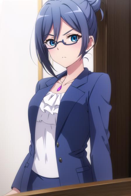 beatriceroegner, <lora:beatrice roegner s2-lora-nochekaiser:1>,
beatrice roegner, short hair, blue eyes, blue hair, glasses, hair bun, single hair bun, semi-rimless eyewear,
BREAK skirt, shirt, jewelry, collarbone, jacket, white shirt, pantyhose, necklace, blue skirt, black pantyhose, formal, single hair bun, suit, blue jacket, pencil skirt, teacher, skirt suit,
BREAK indoors, classroom,
BREAK looking at viewer,
BREAK <lyco:GoodHands-beta2:1>, (masterpiece:1.2), best quality, high resolution, unity 8k wallpaper, (illustration:0.8), (beautiful detailed eyes:1.6), extremely detailed face, perfect lighting, extremely detailed CG, (perfect hands, perfect anatomy),