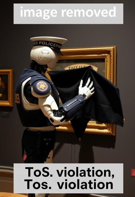 photograph of a police robot in winter parade uniform covering. It is inside a museum, placing a black cloth over a picture frame to hide it.
Title reads "image removed" at the top of the image.
Subtitle reads "ToS violation" at the bottom.
