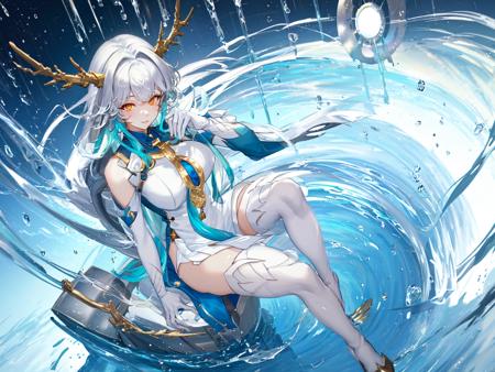 masterpiece,best quality,highres,1girl,rain,water,<lora:ShadowverseSilong_v2:0.7>,<lora:watervfxCreateMore_v1:0.3>,water reflections,looking at viewer,from above,:<,blush,white legwear,wet clothes,sharp and clearly finely extremely detailed eyes,white gloves,(thick thighs:1.2),yellow eyes,skindentation,holding fan,(glowing eyes:1.4),(shaded face:1.2),dark clouds,dark background,multicolored hair,gradient hair,fat legs,sitting on chair,seductive pose