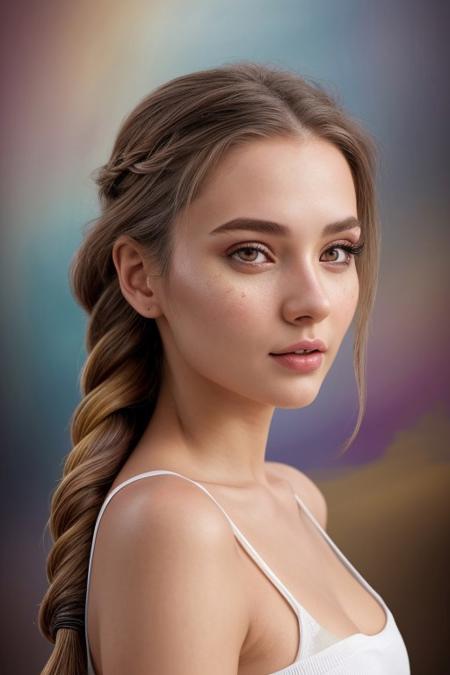 photorealistic, 1girl, full body, long braided hair, modeling, dynamic pose, artist in her atelier, detailed face,detaied skin,beautiful detailed eyes, detailed lip, workshop, paint, natural skin texture, (dynamic pose:0.3), petite, artist, detailed background, (busy background:1.2), colorful, messy