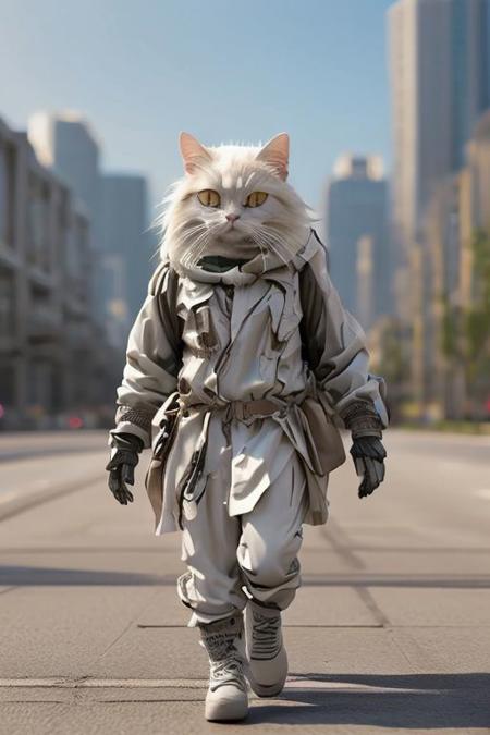 a woman's head, on a cat's body, running down a street, with a plane on her back