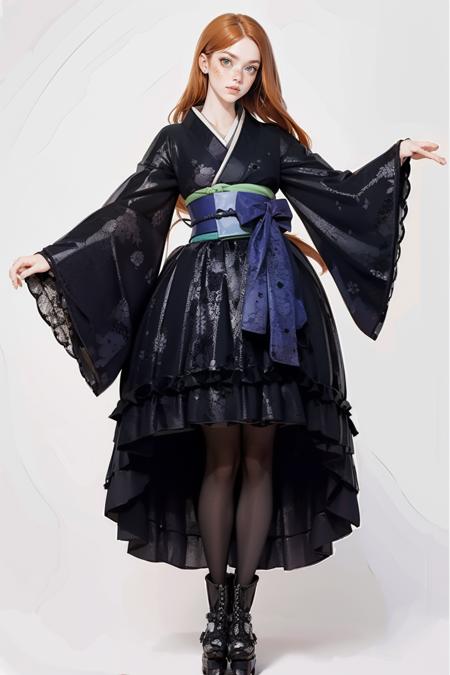 g0thk1m0n0, pantyhose, goth kimono, sleeves past wrists, high heel boots,