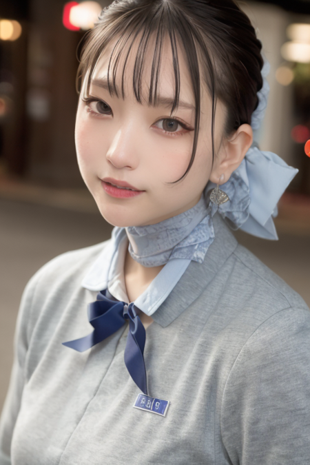 wearing gray anauniform with blue ribbon on neck,(RAW photo, best quality), (realistic, photo-realistic:1.4), masterpiece, an extremely delicate and beautiful, extremely detailed, 2k wallpaper, Amazing, finely detail, extremely detailed CG unity 8k wallpaper, ultra-detailed, highres, soft light, beautiful detailed girl, extremely detailed eyes and face, beautiful detailed nose, beautiful detailed eyes,cinematic lighting,city lights at night,perfect anatomy,1girl,