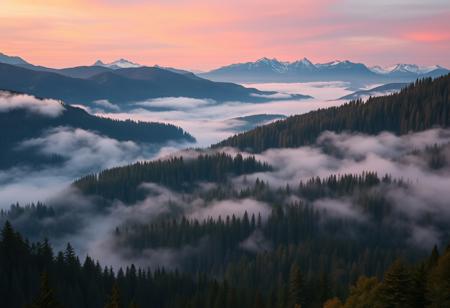 mist, mountains, rivers and forests, a wide vista, medieval, D&D, real photo, 4k, high contrast, vibrant colours, movie still, sunset, rich colours