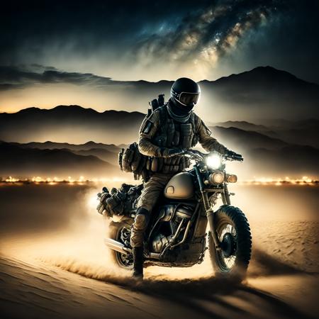 photo, a soldier on a motorcycle in the desert at night (armybiker style:1)  <lora:djzArmyBiker:0.8>