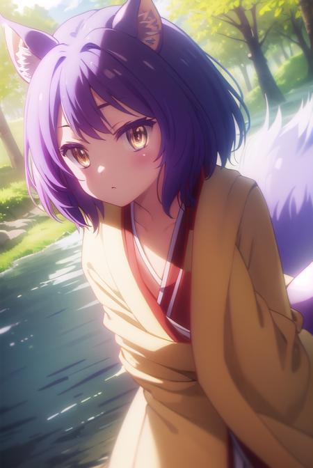 izunahatsuse, <lora:izuna hatsuse s1-lora-nochekaiser:1>,
izuna hatsuse, short hair, animal ears, purple hair, hairband, animal ear fluff, fox ears, slit pupils, (yellow eyes:1.3),
BREAK bow, tail, japanese clothes, wide sleeves, kimono, fox tail, short kimono,
BREAK outdoors, forest, nature, sun, sky, clouds, trees, river, grass,
BREAK looking at viewer, (cowboy shot:1.5),
BREAK <lyco:GoodHands-beta2:1>, (masterpiece:1.2), best quality, high resolution, unity 8k wallpaper, (illustration:0.8), (beautiful detailed eyes:1.6), extremely detailed face, perfect lighting, extremely detailed CG, (perfect hands, perfect anatomy),