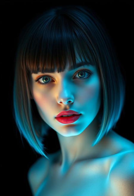 a holographic woman, shoulder length hair, short straight bangs, extremely beautiful, face focus, head and shoulders only, simple black background, glowing blue, transparent