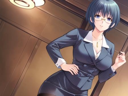 (hyper extreme detailed),(masterpeace),(hyper extreme),(photorealistic),CG,(colour:1.2), beautiful lighting,light from the front, solo, smile, <lora:Izawa_Ritsuko:0.8>,Izawa_Ritsuko,short hair,blue hair,blue_eyes,suit,pencil_skirt,pantyhose,