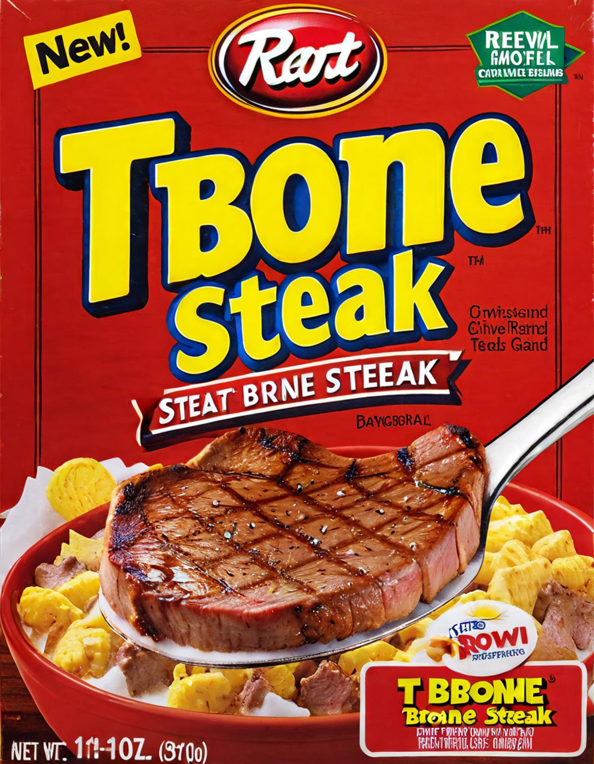 A box of TBone Steak meal with a knife and fork.