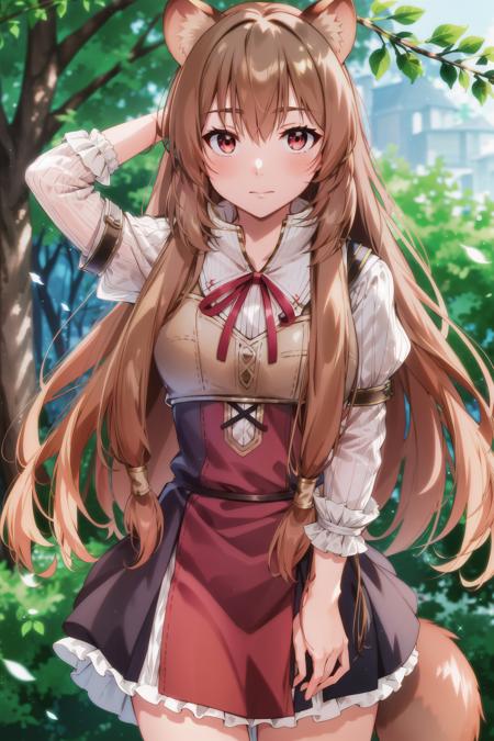 chromatic aberration, depth of field, soft lighting, masterpiece, best quality, <lora:RaphtaliaLora-000018:0.7>, Raphtalia, 1girl, solo, long hair, closed mouth, bangs, skirt, detailed background, brown hair, red eyes, nude, raccoon ears, raccoon tail, tail, pov, hands behind head,