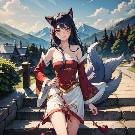 ahridef,ahri,1girl, facial mark, multiple tails, detached sleeves, yellow eyes,blue hair,