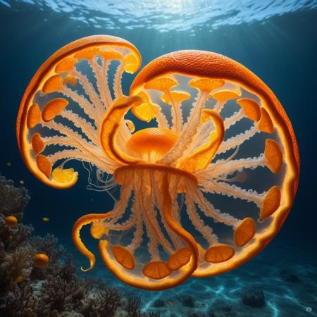 Beneath the surface of an ocean woven from translucent pools of citrus nectar, jellyfish with luminous, curling tendrils of orange rind drift gracefully, pulsing with an ethereal glow. Schools of fish-like creatures, their scales shimmering with the texture of finely textured zest, twist and glide through the surreal fluid landscape, leaving trails of vibrant citrus hues in their wake. At the depths of this bizarre world, coral reefs emerge from twisting segments of dried peel, sculpted into intricate spirals of artistic elegance, glowing softly in golden radiance. Waves roll in slow, deliberate movements, reflecting the shifting morphing realityâblurring the lines between solid and liquid as the seafloor reshapes itself, peeling back and reforming endlessly in strange and beautiful patterns.
<lora:Orange_Peel:1> orangepeel, orange (fruit)
