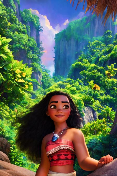 (masterpiece), (extremely intricate), photorealistic photo of moana, 1girl, solo, smile, long black hair, brown eyes, curly hair, dark-skinned female, dark skin, jewelry, midriff, necklace, strapless, tube top, tropical island background,  (perfect composition:1.4), deviantart hd, artstation hd, concept art, detailed face and body, award-winning photography, margins, detailed face, professional oil painting by Ed Blinkey, Atey Ghailan, Jeremy Mann, Greg Manchess, Alex Gray, trending on ArtStation, trending on CGSociety, intricate, high detail, sharp focus, dramatic, award winning matte drawing cinematic lighting octane render unreal engine volumetrics dtx <lora:MoanaDeliberate:0.9>