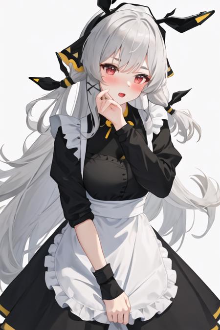 best quality, masterpiece, highres, solo, {weedy_arknights:1.15}, long_hair, bangs, red_eyes, grey_hair, upper_body, white_hair, very_long_hair, hair_ornament, 1girl, alternate_costume, black_dress, dress, enmaided, looking_at_viewer, maid, open_mouth, simple_background, apron, maid_apron, white_apron, blush, long_sleeves, white_background