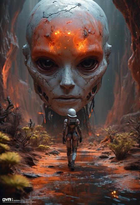 award winning, dark night, dimly lit, low light, 
cinema_stil,wide shot, EdobHorrorLandscape,(Super wide Angle and large format),fantasy,ban,opal render,
(giant robot with girl on shoulder walking on a surreal desert with alien sporophytes plants) ethereal and mystical atmosphere, backdrop is the neon glowing storm of cosmic dust in the shape of a giant skull, dim light, low light, dramatic light, partially covered in shadow,
(colored_desert_light_blue_perlwhite,colored_cosmic_dust_fire_red_perlwhite,colored_astronaut_indianred,colored_alien_sporophytes_plants_dark_grey_perlwhite),(acid_green_perlwhite_grease),
Hyper-detailed,Insane Details,Intricate Details,Super-Resolution,Megapixels,Strong Shadows<lora:EdobHorrorLandscape_XL_v1.0:0.8>,acidzlime<lora:acidzlime:0.4>,Cel Shading,Hypermaximalist,Super Detailed,Hyperrealism<lora:InkArtXL_1.2:0.5><lora:DD-pnte-neg-v1:-1.5><lora:MJ52:0.5>,