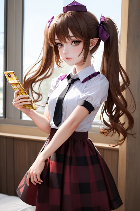 himekaidou hatate pointy ears twintails tokin hat brown eyes checkered clothes shirt necktie puffy short sleeves purple skirt checkered skirt