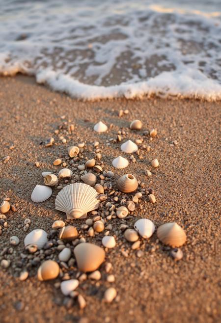Seashore, sand, rare shells of different sizes, detailed water and sea foam, sunset, realism, details