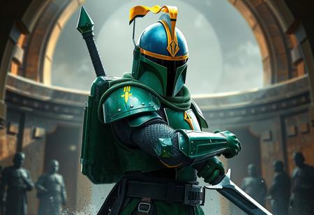 Star Wars inspired Sacred Knight of Custennin, green armor, blue helmet w/ yellow visor & white stripe, green backpack, sword. Imperial Tomb backdrop. Dynamic pose, splash ink illustration, octane render, Unreal Engine , Raphael style, Houdini style, trending on Artstation HD, 8k, detailed, atmospheric, immaculate, CGsociety.