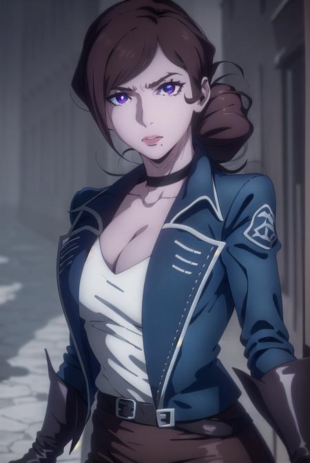 castlevaniajulia, brown hair, (purple eyes:1.1), short hair, hair bun, mole, makeup, single hair bun, lipstick, mole under mouth, red lipstick, shirt, gloves, cleavage, collarbone, jacket, white shirt, choker, black gloves, belt, pants, blue jacket, brown pants,