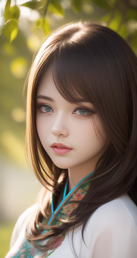 best quality, masterpiece, (realistic:1.2), 1 girl, brown hair, brown eyes,Front, detailed face, beautiful eyes,chinese clothes,  sunlight, tree, Front