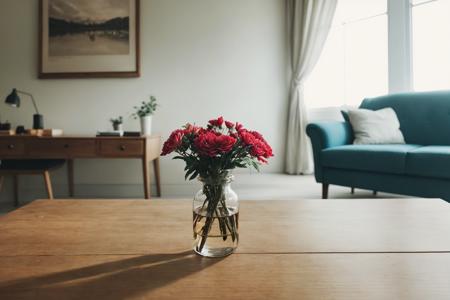 photorealistic modern living room, flower on the desk, photorealistic flower, sharp and crisp background, sofa, low table, beautiful landscape, best quality, masterpiece, ultra high res, cinematic lighting,  (((photo))), (((photorealistic))) ,kkw-ph1