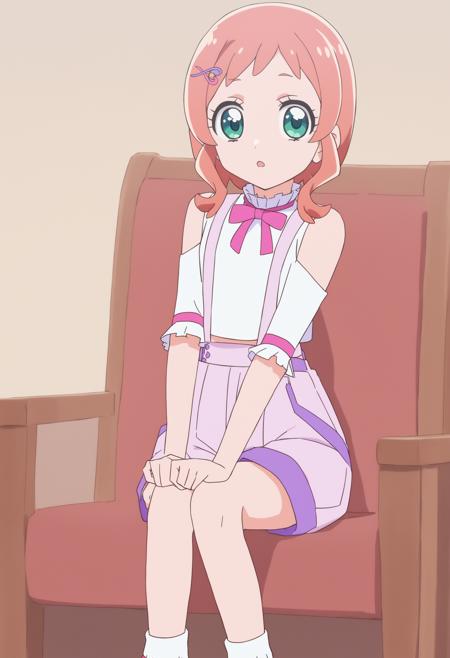 inukai iroha,wonderful precure! shoulder cutout, white shirt, suspender shorts,frilled sleeves, pink shorts, pink ribbon school uniform, vest, pleated skirt, bowtie, brown skirt, brown vest