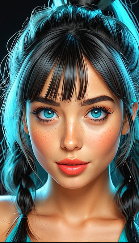 (Cel-shading:1.8), (in ARTIST style:1.7), (masterpiece:1.7), tsundere, cartoon style, comics style, 
Close-up gorgeous girl face, cute, bangs, freckles, shiny eyes, striking bright large teal eyes, aligned eyes, (very long lashes:2),
Long ponytail with hair,  looking excited,
upper body, (dim lit:1.6), split lighting, dark background, fog, colorful stripes at background,  trendy portrait,
tender Aesthetic nose, ears, puffy lips, sensual lips, pouty lips, detailed texture, detailed eyes, detailed skin, clean skin,
<lora:Someplastic_b:0.9>, (ultra sharp focus:1.8), (detailed skin:1.8), (thin lines:1.8), (best quality:1.8),
<lora:Apparatus_-_Traction_City_Walkers_Vehicles:0.7>,
<lora:glowneon_xl_v1:0.7>,