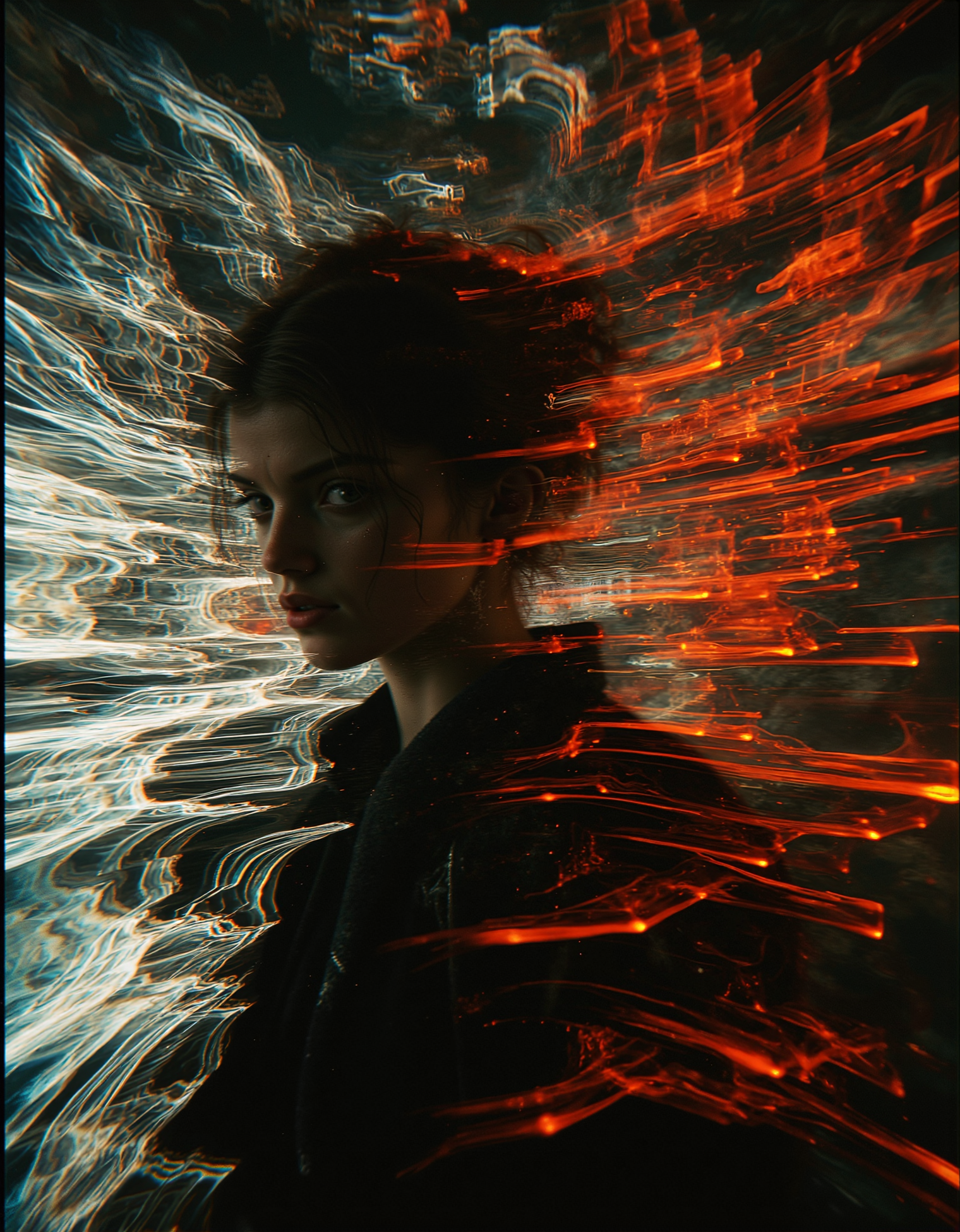 A woman surrounded by radiating streams of white and orange light trails that swirl around their head and upper body. The light streaks appear as flowing, patterns, with the left side displaying white energy trails while the right side features warm orange-red light streams. The subject's face is mostly in shadow against the dramatic backlighting created by the luminous trails. The light patterns create motion blur effects that suggest rapid movement, with the streams extending beyond the frame in all directions. 