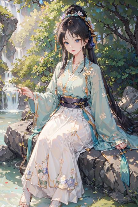 shukezouma,masterpiece, highres, best quality, professional lighting, photon mapping, radiosity, physically-based rendering,1girl solo, sitting,countless waterfalls flowing down from the mountains, pine trees and flowering trees,hanfu, song style outfits, 1girl, (green short shan:1.2), (white pleated skirt1.2), (purple floral songmo:1.1),<lora:hanfuSong_v31:0.5>,blue eyes,