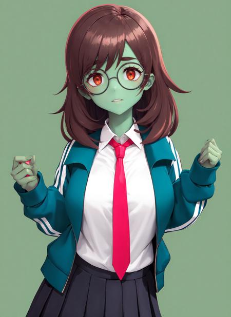 masterpiece, best quality, ultra-detailed, illustration, <lora:yuzuriha_maimai-v24:0.9>, 1girl, solo, maimaiuniform, brown hair, medium hair, thick eyebrows, glasses, round eyewear, pink necktie, collared shirt, white shirt, shirt tucked in, teal jacket, track jacket, open jacket, long sleeves, black skirt, pleated skirt, cowboy shot, red eyes, zombie, green skin, colored skin