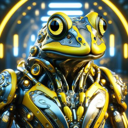 DonMX3n0T3chXL, a cyber frog, masterpiece, best quality, highly detailed, sharp focus, dynamic lighting