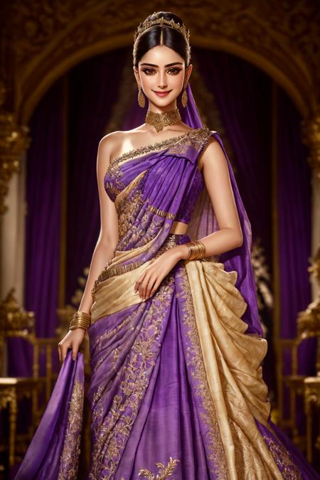 Masterpiece, absurdres, fine detail, HDR, highly detailed face and eyes, photorealistic, solo,1girl,smiling
purple fabric,wifs,(Haute_Couture:1.15), woman wearing a [Haute_Couture|wifs]_((designer dress:1.1),(drape with embroidery:1.2)), cowboy shot
 <lora:LycorisIndien:0.85>