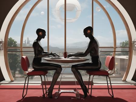 atomic style<lora:Aheart:0.5> a couple of androids sitting at a table in a room with a round windows