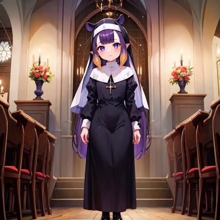 masterpiece, 1girl, best quality, ninomae ina'nis, long hair, dark purple hair, pointy ears, tentacle hair, indoors, cat ears, full body, nun, habit, black robe,