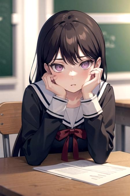 <lora:NotNiki-07:0.7 >,takimygo, 1girl, solo, long hair, black hair, long sleeves, sitting, school uniform, purple eyes, upper body, parted lips, serafuku, indoors, sailor collar, blurry, looking to the side, blurry background, chair, looking away, hand on own face, desk, head rest, white sailor collar, classroom, chalkboard, hanasakigawa school uniform